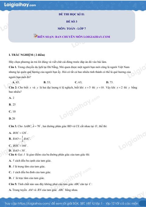 Đề thi học kì 2 Toán 7 - Đề số 3 - Chân trời sáng tạo